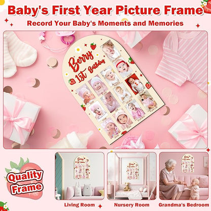 R HORSE 3D Berry 1st Birthday Wood Photo Display Board, Adorable Strawberry Baby's First Year Picture Frame, 1-12 Months Milestone Board Birthday Decorations Keepsake Gift for Baby Girls Nursery Decor