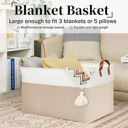 DULLEMELO Extra Large Baskets for Organizing, 22" X 15" X 13" Rectangle Fabric Storage Bins, Foldable Blanket Basket Living Room, Large Kids Toy Storage Organizer Bins, Baby Basket Gift (White&Khaki)
