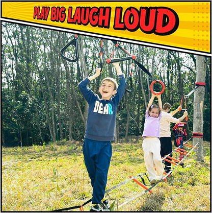 Hapfan Ninja Warrior Obstacle Course for Kids with Rickety Bridge, 50 FT Slackline Kit with Weather-Proof Obstacles, Outdoor Jungle Gym Climbing Toys for Backyard