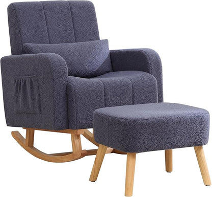 Rocking Chair with Ottoman, Upholstered Glider Rocker with High Backrest and Side Pocket, Comfy Reading Chair with Solid Wood Legs for Nursery, Living Room,Bedroom Dark Grey