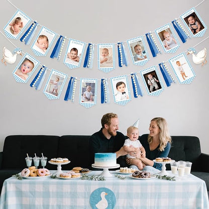One Silly Goose 1st Birthday Photo Banner Garland from Newborn to 12 Months Paper Photo Banner with Gradient Blue Ribbon for Monthly Milestones Baby Boy First Birthday Party Decorations Supplies