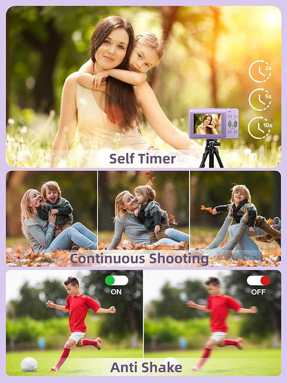 Digital Camera FHD 1080P, Camkory Kids Camera 44MP Point and Shoot Digital Cameras with 32GB Card, 16X Zoom, Two Batteries, Lanyard, Compact Small Camera Gift for Kids Boys Girls Students, Purple