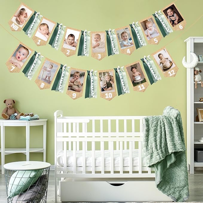 pinkblume 1st Birthday Burlap Photo Banner Garland Handmade Felt from Newborn to 12 Months with Gradient Sage Green Ribbon for Baby Boy Girl Monthly Milestones First Birthday Party Decoration Supplies
