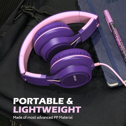 AILIHEN C8 Girls Headphones, On-Ear Headphones Wired with Microphone and Volume Control Foldable Corded Stereo 3.5mm Headset for Girls School Chromebook Laptop Computer PC Tablets Travel (Purple Pink)