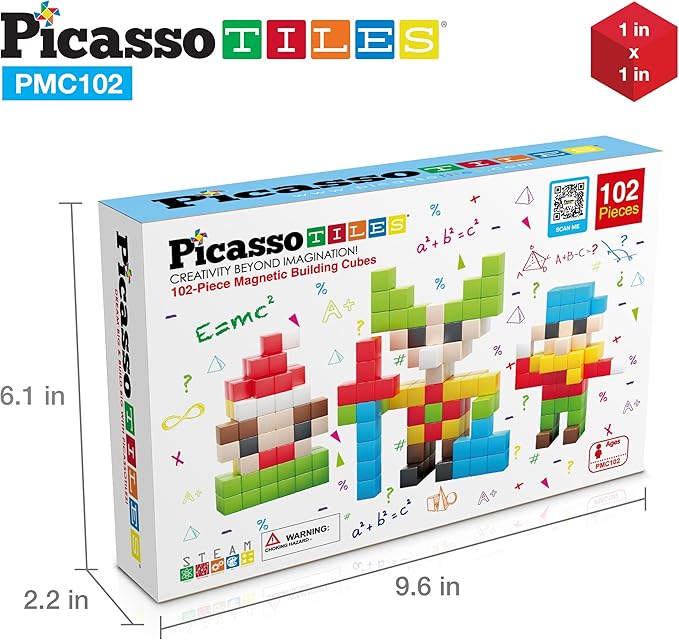 PicassoTiles 102pcs Pixel Magnetic Puzzle Cube 1” Pixel Mix & Match Toys with Ideabook STEM Education Learning Building Block Magnets Construction ToySet Stacking Creative Kit for Kids Age 3+ PMC102