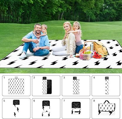 79''x79'' Extra Large Picnic Blankets, Waterproof Sandproof Foldable Outdoor Picnic Mat, Portable 3-Layer Fabric Beach Blanket for Camping, Park, Travel, Family Friends-Stylish Lightning Pattern