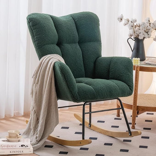 NIOIIKIT Nursery Rocking Chair Teddy Fabric Upholstered Glider Rocker Rocking Accent Chair Padded Seat with High Backrest Armchair Comfy Side Chair for Living Room Bedroom(Green Teddy)