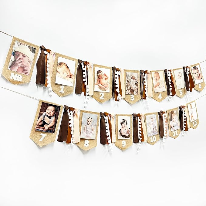 pinkblume 1st Birthday Burlap Photo Banner Garland Handmade Felt from Newborn to 12 Months with Gradient Brown Ribbon for Baby Boy Girl Monthly Milestones First Birthday Party Decoration Supplies