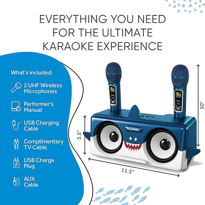 MASINGO Shark Karaoke Machine for Kids, Children and Toddlers with 2 Wireless Bluetooth Microphones, Portable PA Speaker Includes Lyrics Display Phone Holder, TV Cable and Singer Vocal Removal Mode