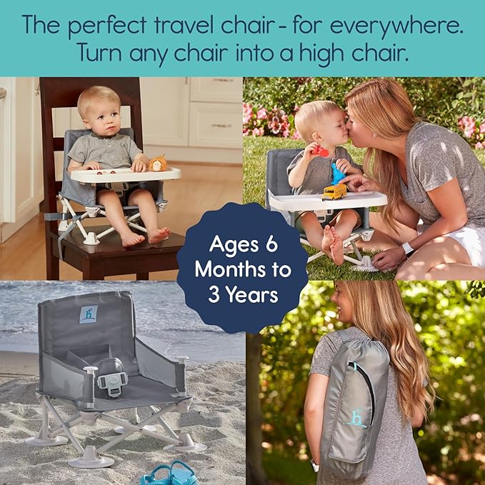 Hiccapop OmniBoost Travel Booster Seat with Tray for Baby, Dining Table, Camping, Beach, Grandma’s | Folding Portable Tip-Free Design Straps to Kitchen Chairs