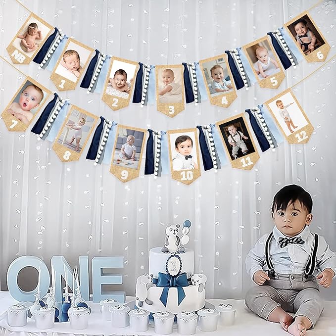 pinkblume 1st Birthday Burlap Photo Banner Garland Handmade Felt from Newborn to 12 Months with Dusty Blue Gray Ribbon for Baby Boy Girl Monthly Milestones First Birthday Party Decoration Supplies