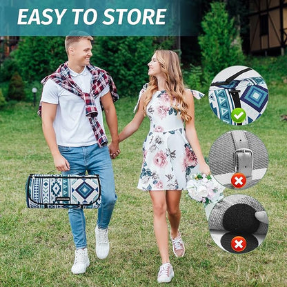 Picnic Blankets Extra Large Outdoor - Beach Blanket Waterproof Sandproof with Shoulder Strap, Machine Washable, Picnic Mat with Stakes for Grass Concert, Park, Lawn,Travel, Spring Summer. Blue