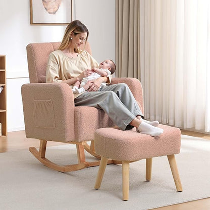 Rocking Chair with Ottoman, Upholstered Glider Rocker with High Backrest and Side Pocket, Comfy Reading Chair with Solid Wood Legs for Nursery, Living Room,Bedroom Coffee
