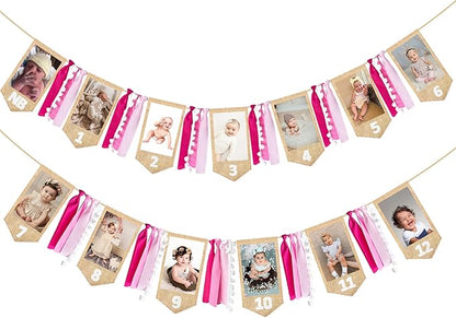 pinkblume 1st Birthday Burlap Photo Banner Garland Handmade Felt from Newborn to 12 Months with Gradient Pink Ribbon for Baby Girl Monthly Milestones First Birthday Party Decorations Supplies