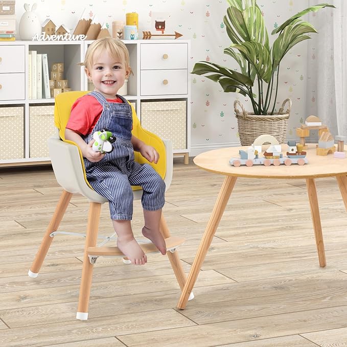 HONEY JOY High Chair, 3-in-1 Eat & Grow Wooden Highchair/Booster Seat/Toddler Chair with Removable Tray, 5-Point Harness, PU Cushion and Footrest for Baby, High Chair for Babies and Toddlers Yellow