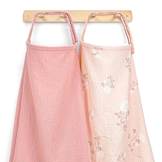 2 Pack Muslin Cotton Nursing Cover for Breastfeeding, Privacy Breathable Breastfeeding Cover Cover up with Arch Neckline for Mom, 100% Cotton Nursing Apron, Floral and Pink