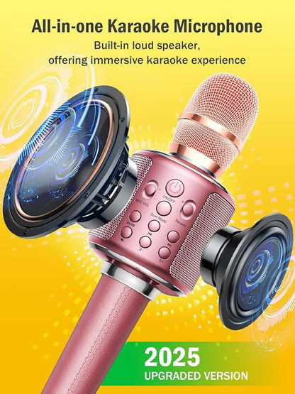 Wireless Bluetooth Karaoke Microphone, Built-in Loud Speaker for 10H Playback, Add Reverb/Duet Mode/Earbuds Monitoring, Portable Karaoke Machine for Entertainment & Singing Practice (Rose Gold)