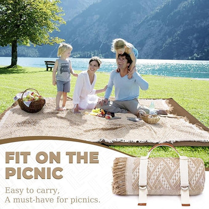 Genovega 2 in 1 Extra Large Outdoor Picnic Blanket Waterproof Woven Boho Mat Giant Beach Towel Travel Essential Yoga Accessories Park Patio Lawn Garden Grass Ground Music Festival Concert Must Have