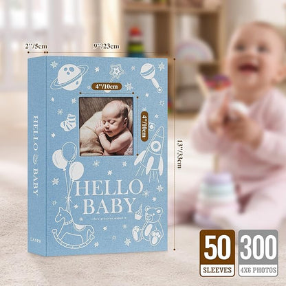 Lanpn Baby Photo Album 4x6 300 Pockets, Linen Newborn Bebe Ultrasound Photo Album with Memo Writing Area, Cover Photo Book, Picture Album for kids, Baby Boy Memory Book Keepsake Blue