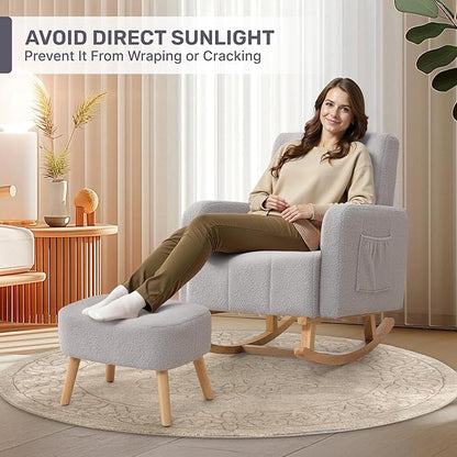 Rocking Chair with Ottoman, Upholstered Nursing Glider Rocker with High Backrest and Side Pocket, Comfy Reading Chair with Solid Wood Legs for Nursery/Living Room/Bedroom Light Grey