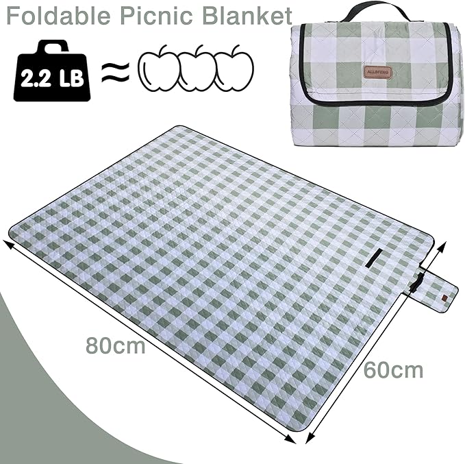 Extra Large Picnic Blanket 80''x 60'' Picnic Mat Waterproof Sand Proof Foldable for Beach, 5-Layer Outdoor Blanket for 6 to 8 Adults,Camping Lawn Hiking Travel Park Music Festival Wedding Mats(Green)