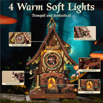 ROKR 3D Wooden Puzzles for Adults, Cuckoo Clock Model Kit, Room Home Decor DIY Watch Making Kit Functional Mechanical Building Toys, Hobbies Birthday Christmas Day Gifts for Men Women Kids 14+