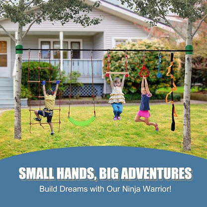 Slsy 60FT Ninja Warrior Obstacle Course for Kids, Complete 13-Obstacle Slackline Kit with Monkey Bar, Swing, Balance Belt, Climbing Ladder & Net, Durable Outdoor Playset Equipment