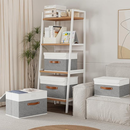 Yawinhe Storage Boxes with Lids, Linen Fabric Bin, Cube Organizer Basket, Washable and Leather Handle, for Home, Closet, White/Grey, 15.0''Lx9.8''Wx9.8''H, 1-Pack, USNK024WGL-1