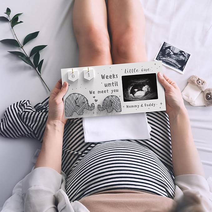 Baby Sonogram Picture Frame w/ Baby Countdown Weeks - Standard 4x3 Ultrasound Photo - Pregnancy Announcements Ideas - Gender Reveal - New Mom Expecting Parents Keepsake