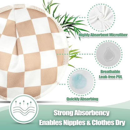 wegreeco Nursing Breast Pads (14 Pack) + Laundry Bag & Travel Storage Bag, 4.7 inch - Washable & Reusable Breastfeeding Nursing Pads (Light Coffee, Black Checkerboard, Large, Contoured Shape)