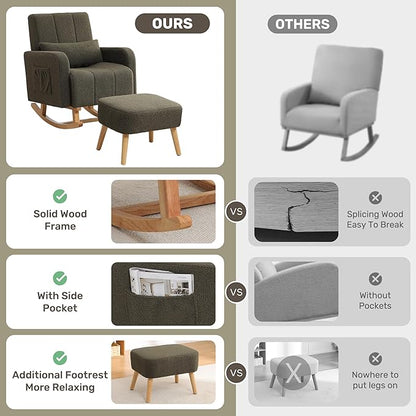 Rocking Chair with Ottoman, Upholstered Nursing Glider Rocker with High Backrest and Side Pocket, Comfy Reading Chair with Solid Wood Legs for Nursery/Living Room/Bedroom Green