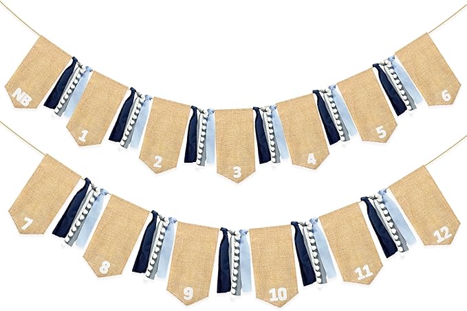 pinkblume 1st Birthday Burlap Photo Banner Garland Handmade Felt from Newborn to 12 Months with Dusty Blue Gray Ribbon for Baby Boy Girl Monthly Milestones First Birthday Party Decoration Supplies