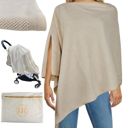 Peekaboo Knit Breathable Nursing Cover Up For Breastfeeding - Soft Organic Cotton & Cashmere Breast Feeding Covers For Women - Privacy Feature - Includes Mesh Laundry Bag (Beige)