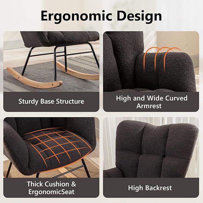 NIOIIKIT Nursery Rocking Chair Teddy Upholstered Glider Rocker Rocking Accent Chair Padded Seat with High Backrest Armchair Comfy Side Chair for Living Room Bedroom Offices (Dark Grey)