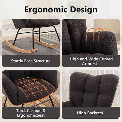 NIOIIKIT Nursery Rocking Chair Teddy Upholstered Glider Rocker Rocking Accent Chair Padded Seat with High Backrest Armchair Comfy Side Chair for Living Room Bedroom Offices (Dark Grey)