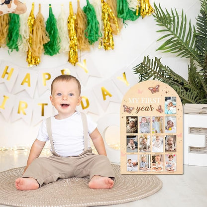 R HORSE My First Year Photo Frame Board, 3D Butterfly Baby First Year Picture Frame 12 Months Milestone Display Wood Board Baby Keepsake 1st Birthday Nursery Decor Gift for Boy Girl