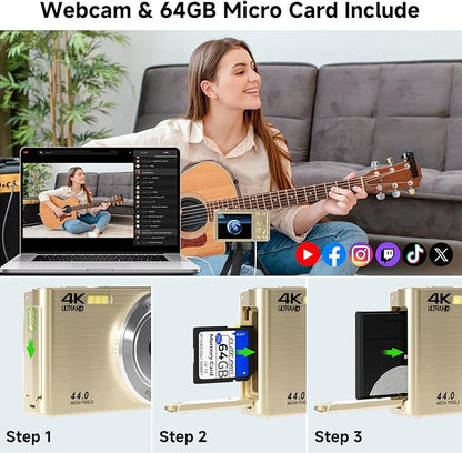 Digital Camera, FHD 4K Digital Camera with 64GB SD Card, 44MP Digital Point and Shoot Camera, 16X Digital Zoom, Anti Shake, 3-LED Fill Lights, Compact Camera for Kids Teen Boys Girls, Gold