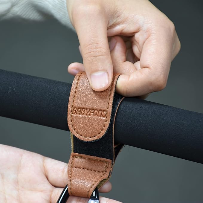 Stroller Hooks for Hanging, 2 PCS Durable Leather Style Stroller Clip Straps, Baby Stroller Hooks for Diaper Bags Grocery Shopping Bags, Mommy Hook for Stroller (Brown)
