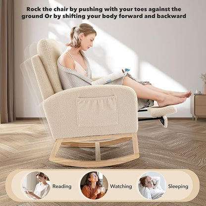 Rocking Chair Nursery, Nursing Rocking Chairs with Foot Rest for Mom Nursery, Rocker Glider Chair with High Backrest for Living Room, Bedroom, Upholstered Lounge Chair with Solid Wood Base for Relaxin