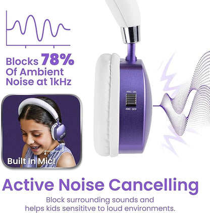 Puro Sound Labs PuroQuiet Plus Kids Noise Cancelling Headphones, Bluetooth Kids On Ear Headphones with Mic, Lightweight On-Ear Design, Studio-Grade Sound (Purple)