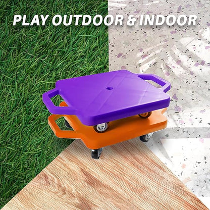 2 Plastic Scooter Boards with Handles for Kids Sitting and Sports Training, with 1 Ring, 2 Ropes and 4 Beanbags, Indoor and Outdoor Play