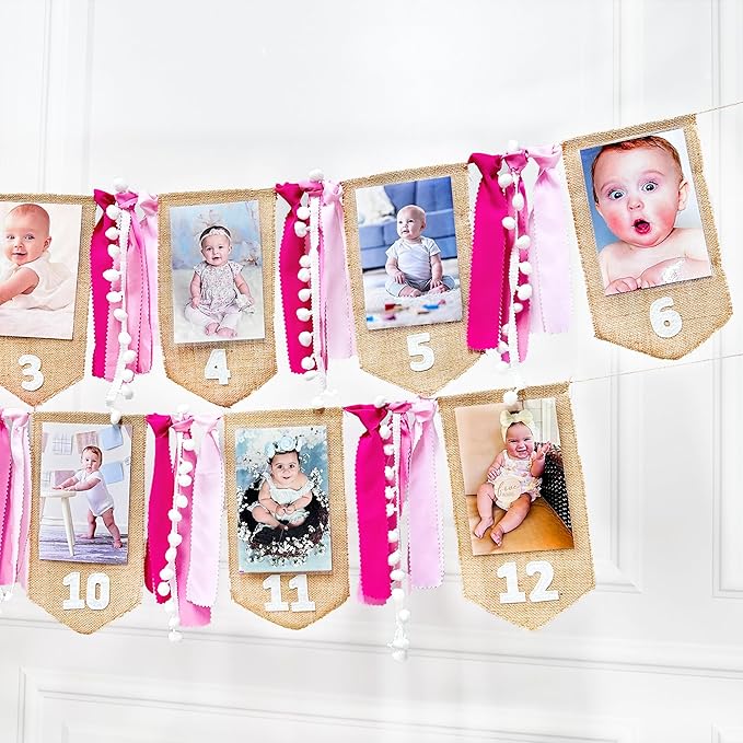 pinkblume 1st Birthday Burlap Photo Banner Garland Handmade Felt from Newborn to 12 Months with Gradient Pink Ribbon for Baby Girl Monthly Milestones First Birthday Party Decorations Supplies