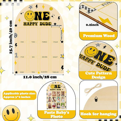 R HORSE My First Year Photo Frame Board, 3D One Happy Dude Birthday Decoration Display Wood Board, Baby Boy First Year Picture Frame 12 Months Milestone 1st Birthday Nursery Decor Gift
