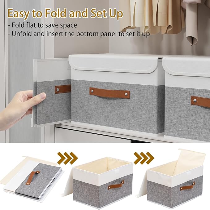 Yawinhe Storage Bins with Lids, Fabric Foldable Boxes, Washable and Leather Handle, Cube Organizer Basket for Home, Closet, White/Grey, 17.7''Lx11.8''Wx11.8''H, 7-Pack, USNK024WGX-7