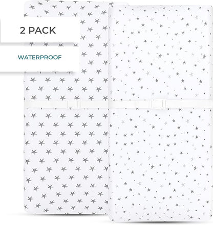 Ely’s & Co. Patent Pending Waterproof Changing Pad Cover|Cradle Sheet 2-Pack Set for Baby Boy - 100% Cotton, Jersey Knit Cotton Sheets with Waterproof Lining — Grey Stars