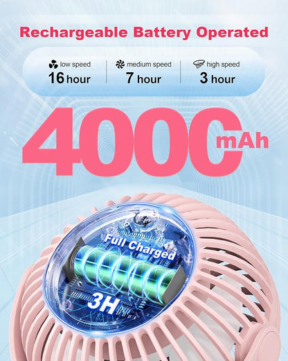 Stroller Fan Clip on for Baby, 4000mAh Rechargeable Battery Operated, Flexible Tripod, 3 Wind Speed, 360° Rotatable, Small Portable Fan for Car Seat Crib Backseat Beach Travel Camping, Pink
