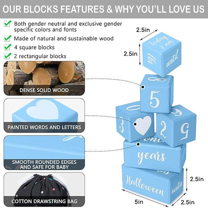 Blue Baby Monthly Milestone Blocks. Baby Age Blocks for Girl or Boy Baby Photo Props and Baby Shower. Month Baby Milestone Blocks with Grammatically Correct Month and Year