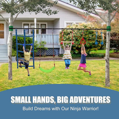 Slsy 60FT Ninja Warrior Obstacle Course with 10 Obstacles, Ninja Slackline Kit for Kids, Durable Playset Equipment for Boys & Girls with Monkey Bar, Swing, Climbing Ladder & Net