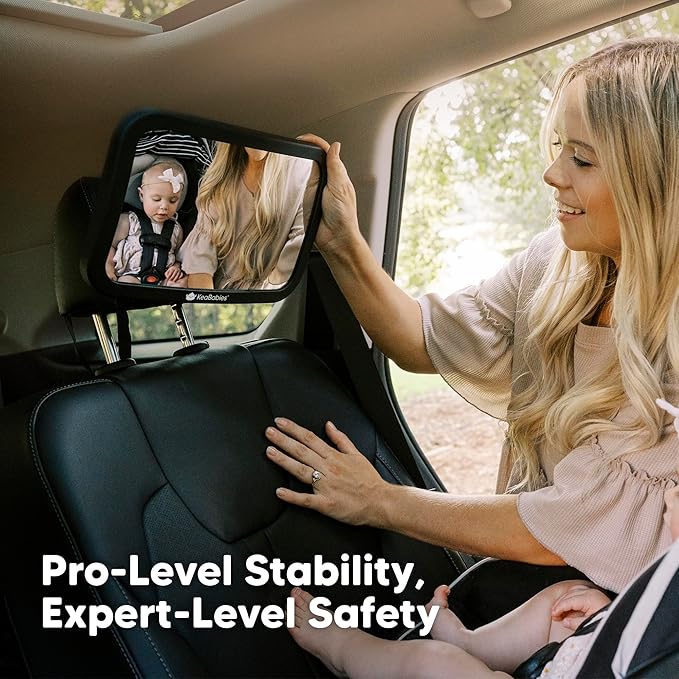 Safety Baby Car Seat Mirror - Wide Shatterproof Backseat Infant Car Mirror for Baby Rear Facing, Crystal Clear View, Travel Accessories, Easy Install & Adjustable for Removable Headrest (Matte Black)
