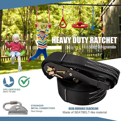 Slsy 60FT Ninja Warrior Obstacle Course for Kids, Complete 13-Obstacle Slackline Kit with Monkey Bar, Swing, Balance Belt, Climbing Ladder & Net, Durable Outdoor Playset Equipment
